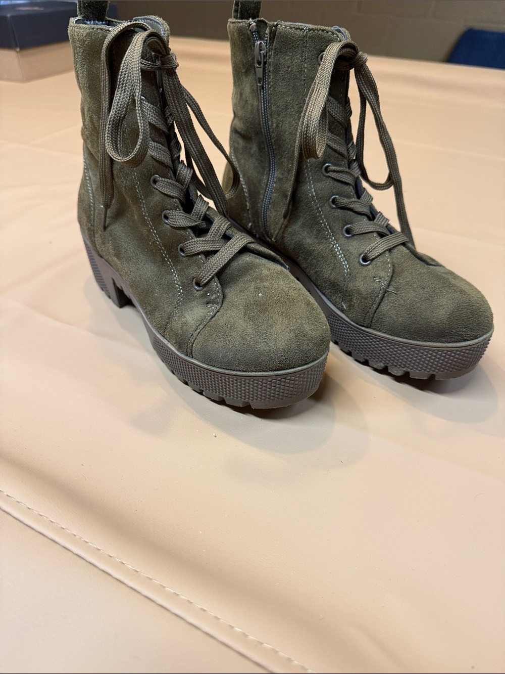 Women's Olive Green Suede Lace-Up Platform Ankle Boots